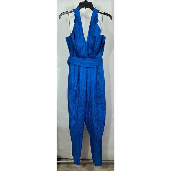 Vintage Norman’s Atlanta Blue Crinkle Halter Jumpsuit with Belt - Size XS/S - Picture 2 of 8